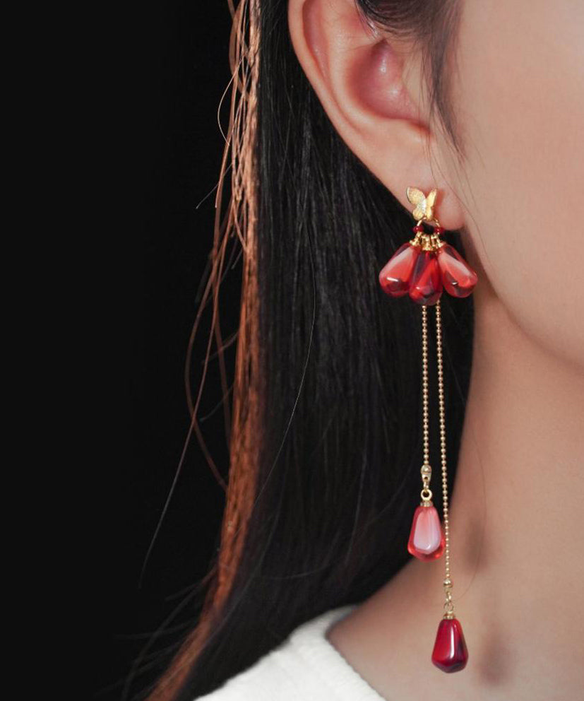 Chinese Style Red Copper Overgild Resin Glass Beads Tassel Drop Earrings QJ036