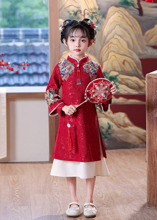 Style Embroideried Kids Maxi Red Dress Nail Bead Spring Chinese