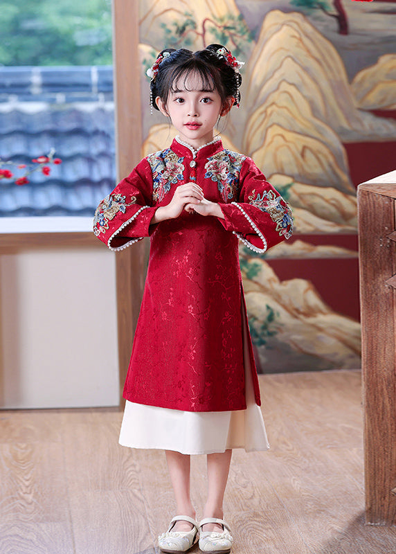 Style Embroideried Kids Maxi Red Dress Nail Bead Spring Chinese