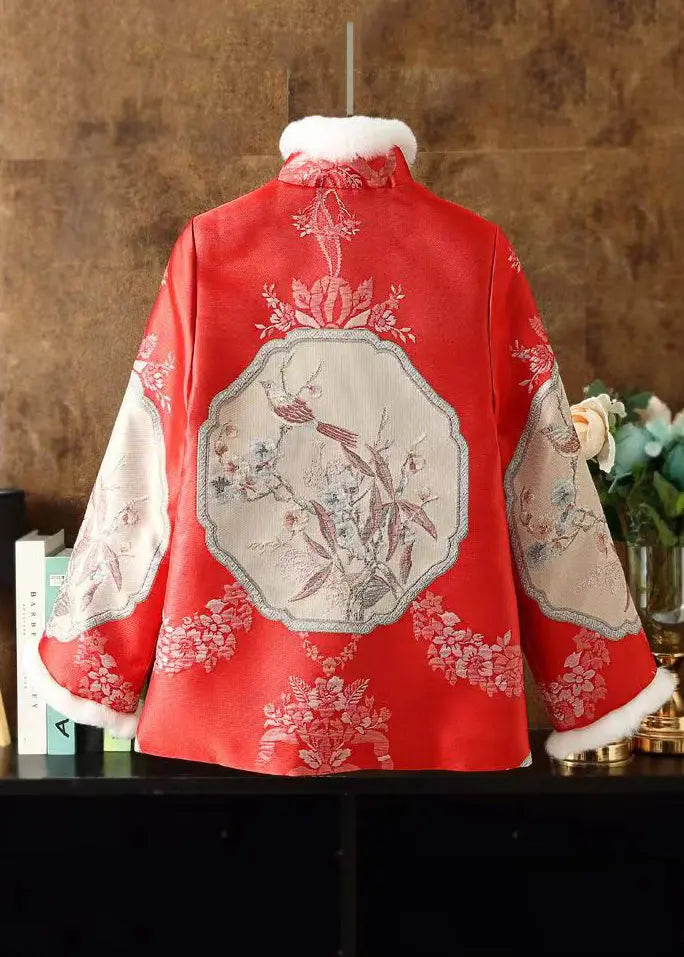 Chinese Style Red Fur Collar Embroidered Patchwork Parka Winter Ada Fashion