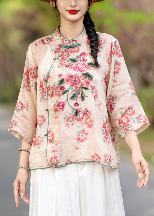 Linen Red Bracelet Chinese Print Sleeve Style Button Shirt