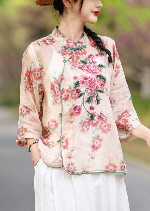 Linen Red Bracelet Chinese Print Sleeve Style Button Shirt