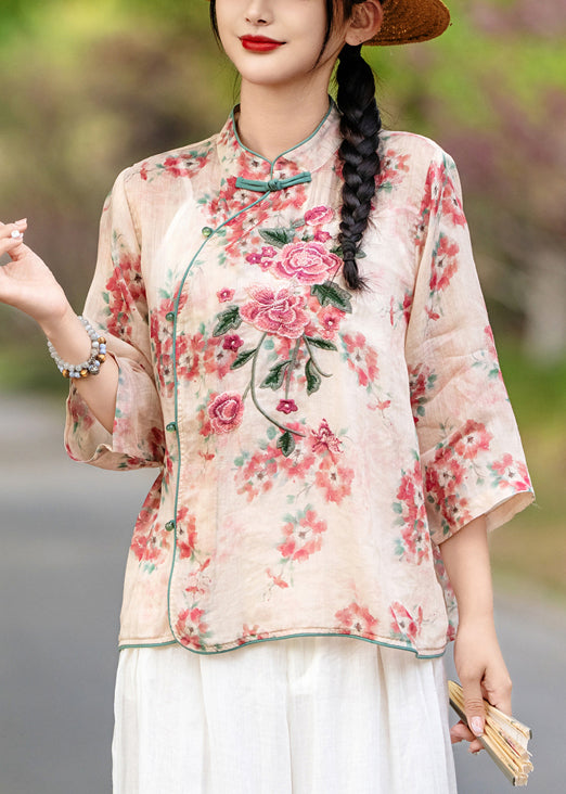 Linen Red Bracelet Chinese Print Sleeve Style Button Shirt