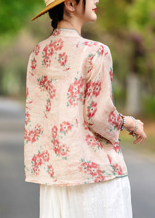 Linen Red Bracelet Chinese Print Sleeve Style Button Shirt