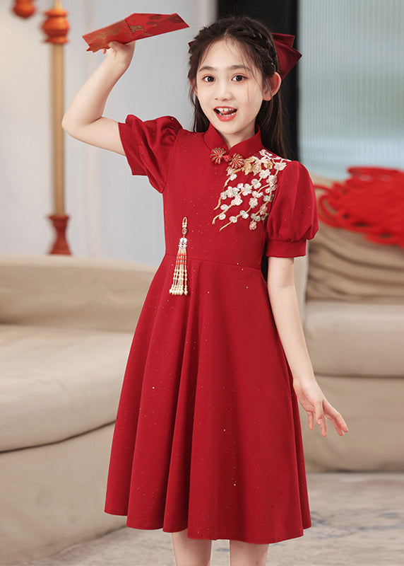 Print Chinese Style Sleeve Long Red Patchwork Puff Kids Dress