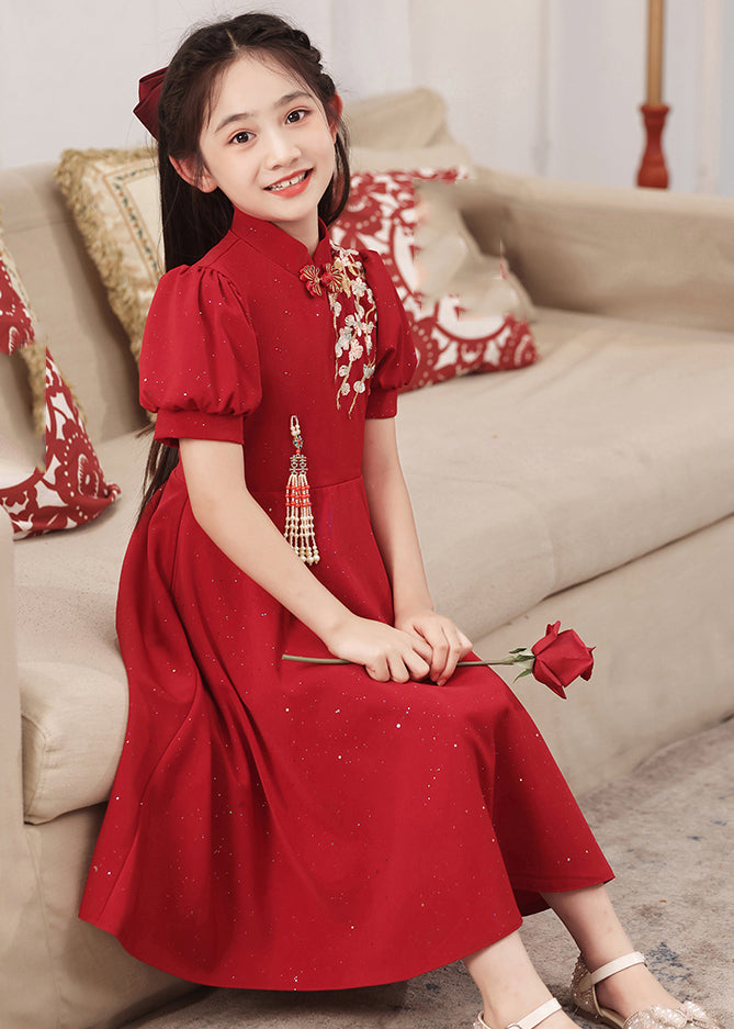 Print Chinese Style Sleeve Long Red Patchwork Puff Kids Dress
