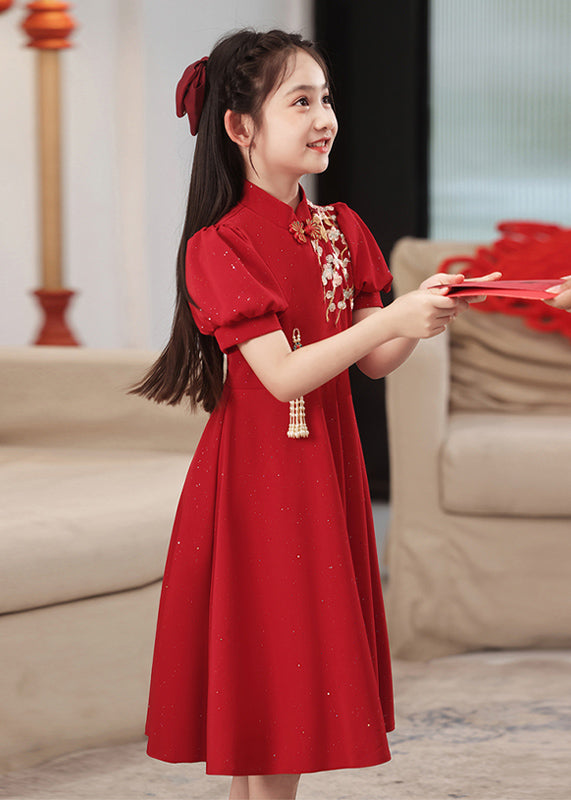 Red Patchwork Short Style Chinese Collar Dresses Girls Stand Maxi