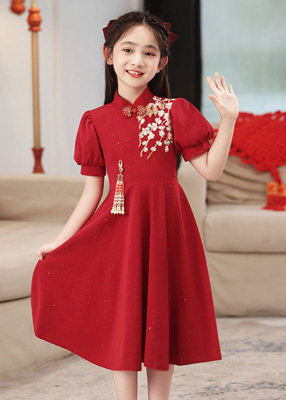 Red Patchwork Short Style Chinese Collar Dresses Girls Stand Maxi