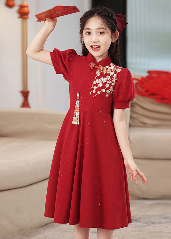 Red Patchwork Short Style Chinese Collar Dresses Girls Stand Maxi
