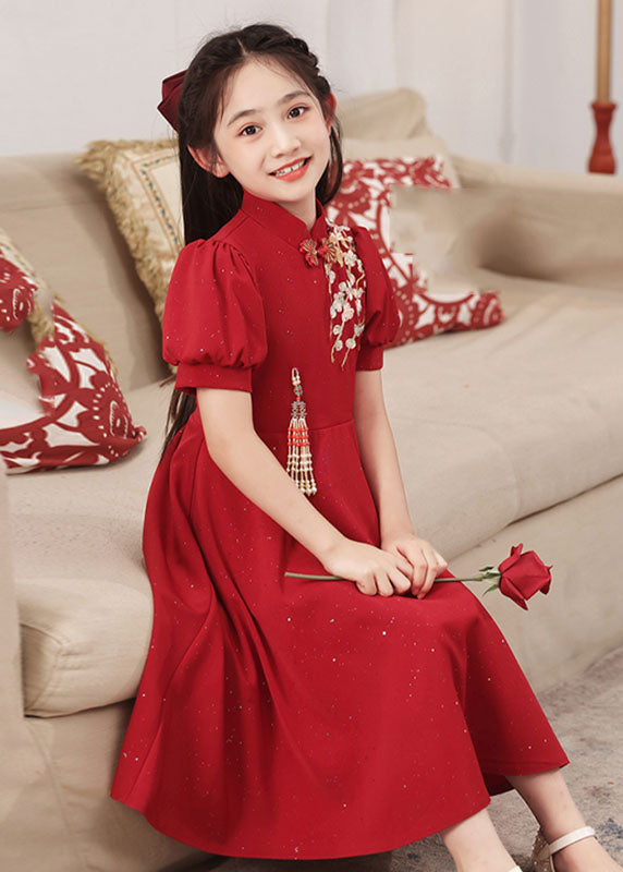 Red Patchwork Short Style Chinese Collar Dresses Girls Stand Maxi