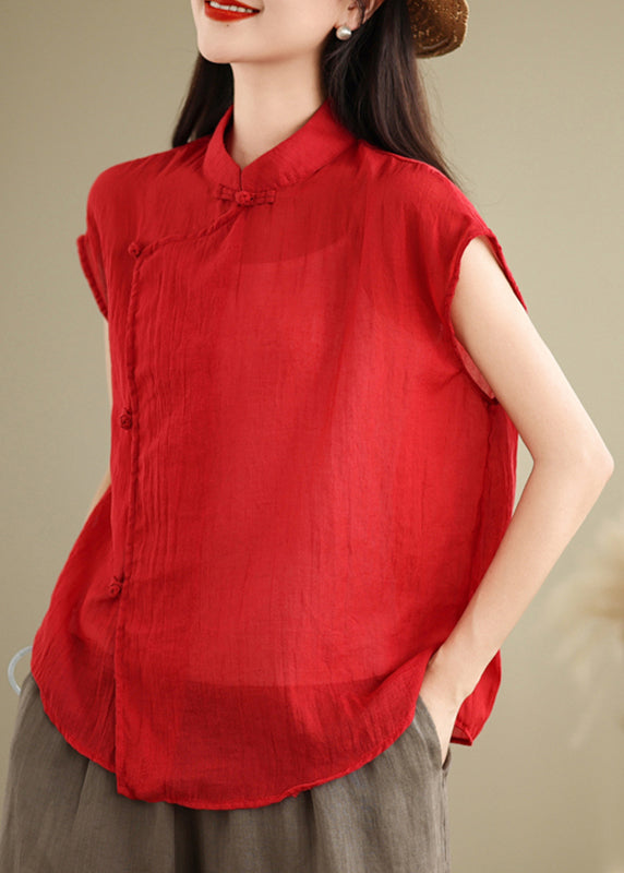 Shirt Short Sleeve Style Stand Linen Patchwork Red Collar Chinese