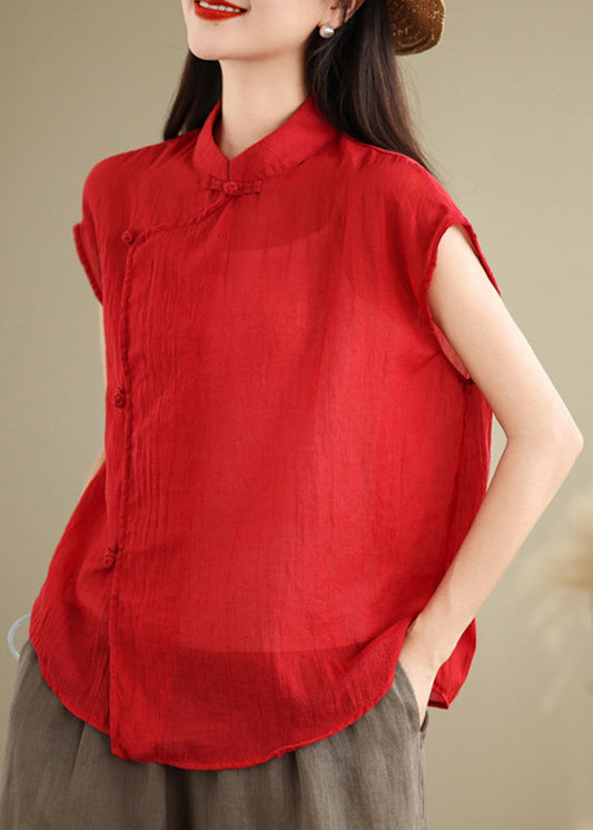 Shirt Short Sleeve Style Stand Linen Patchwork Red Collar Chinese