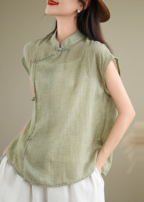 Shirt Short Sleeve Style Stand Linen Patchwork Red Collar Chinese