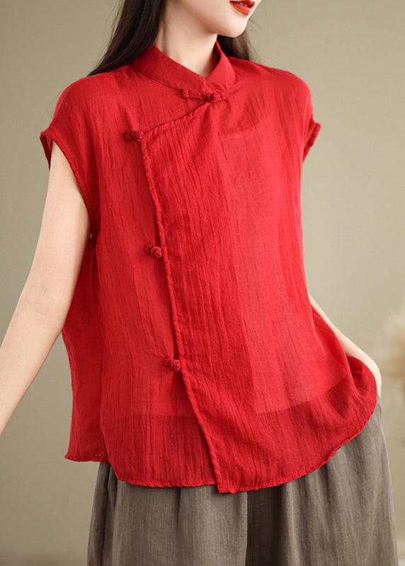 Shirt Short Sleeve Style Stand Linen Patchwork Red Collar Chinese