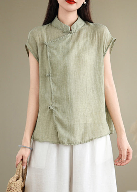 Shirt Short Sleeve Style Stand Linen Patchwork Red Collar Chinese