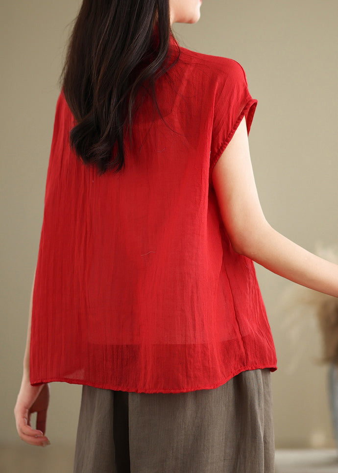 Shirt Short Sleeve Style Stand Linen Patchwork Red Collar Chinese