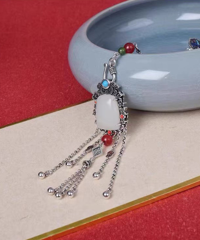 Chinese Style Silk Sterling Silver Jade Chain Tassel Brooches TX008