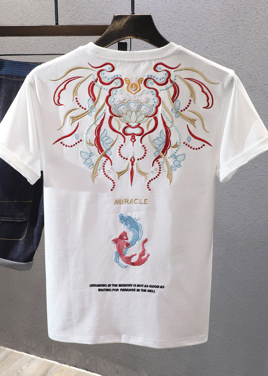 T Embroideried Summer Shirts Chinese Style Mens White