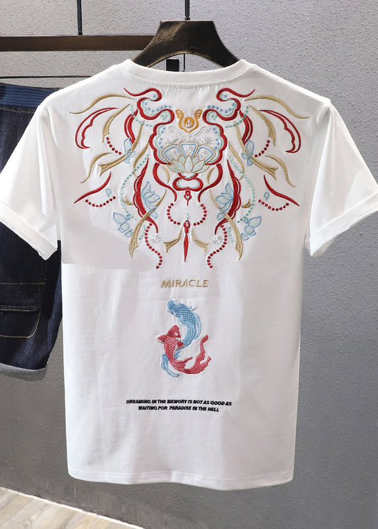 T Embroideried Summer Shirts Chinese Style Mens White