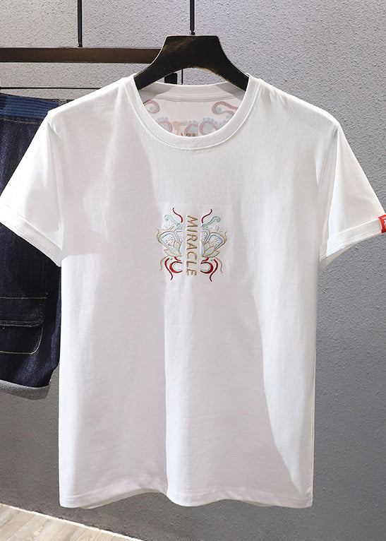 T Embroideried Summer Shirts Chinese Style Mens White