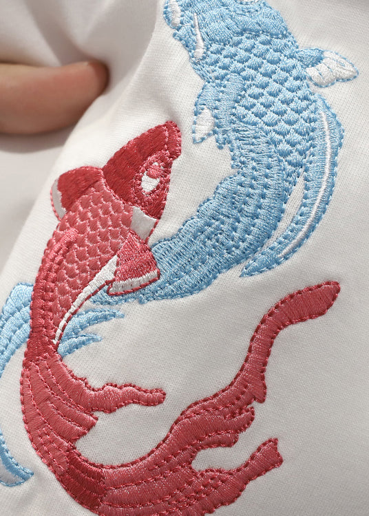 T Embroideried Summer Shirts Chinese Style Mens White