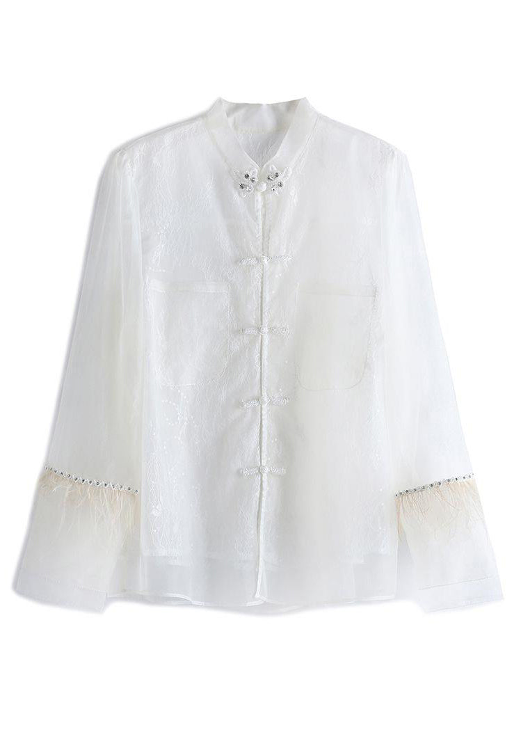 Chinese Style White Feathers Lace Patchwork Shirt Long Sleeve Ada Fashion