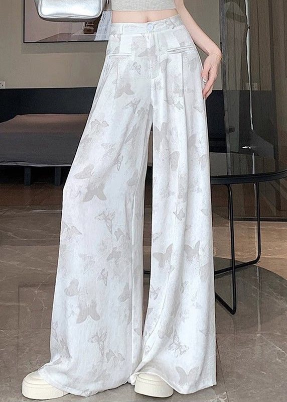 Butterfly Pockets Style Pants Chinese Print White Floral Draping