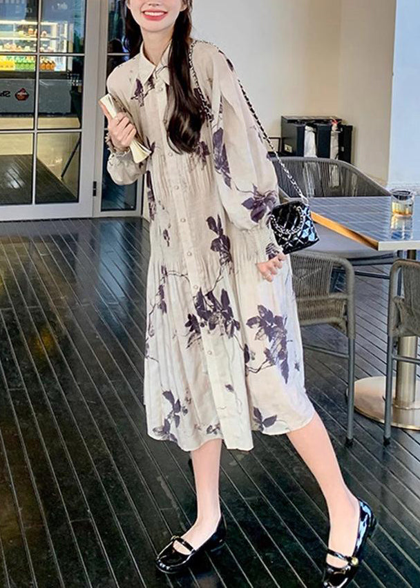 Print Lantern Collar Button Dresses Long Wrinkled Style Chinese
