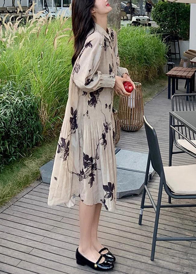 Print Lantern Collar Button Dresses Long Wrinkled Style Chinese