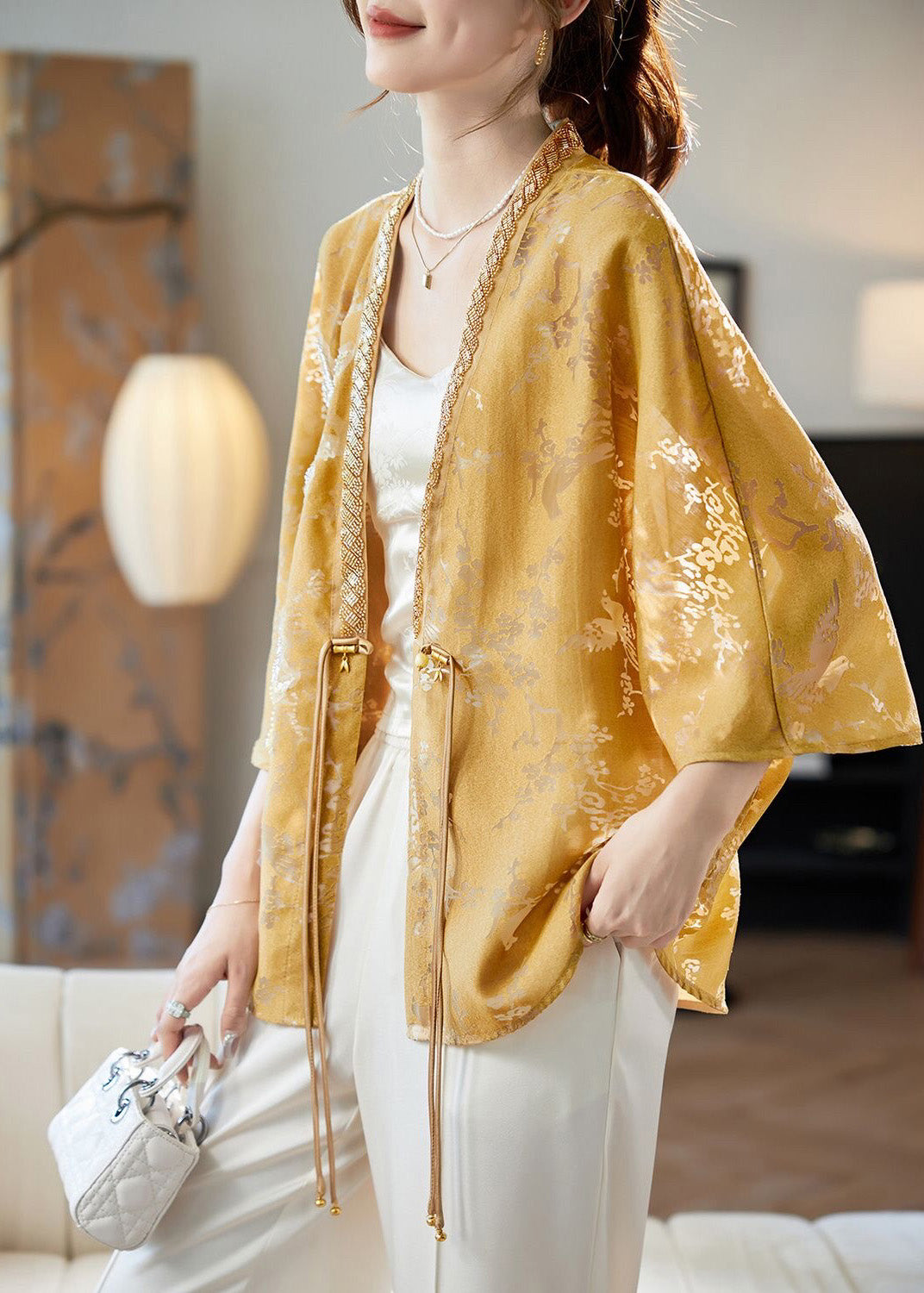 Sleeve Style Bead Tasseled Coat Batwing Yellow Nail Chinese