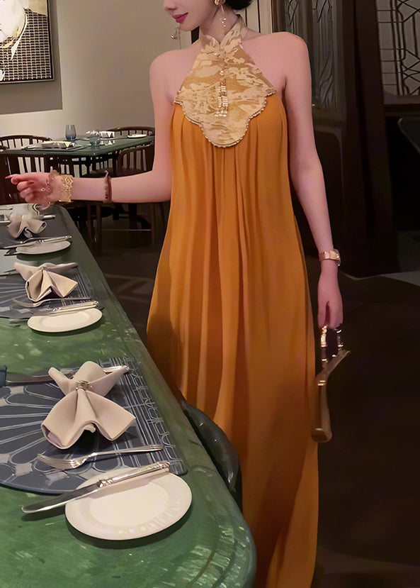 Collar Patchwork Summer Style Long Stand Yellow Chinese Dress