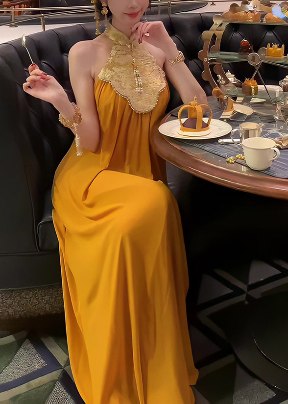 Collar Patchwork Summer Style Long Stand Yellow Chinese Dress