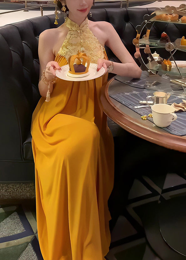 Summer Collar Long Dress Stand Yellow Patchwork Chinese Style