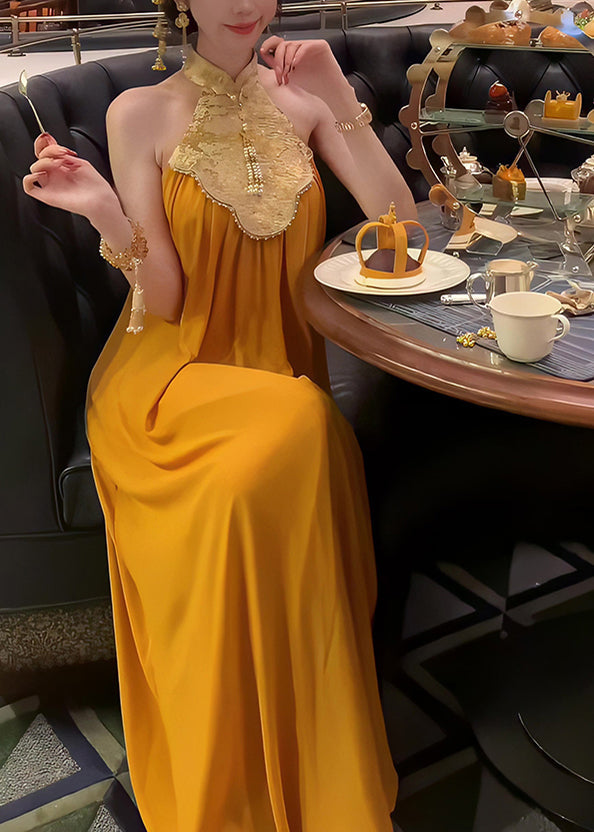 Collar Patchwork Summer Style Long Stand Yellow Chinese Dress