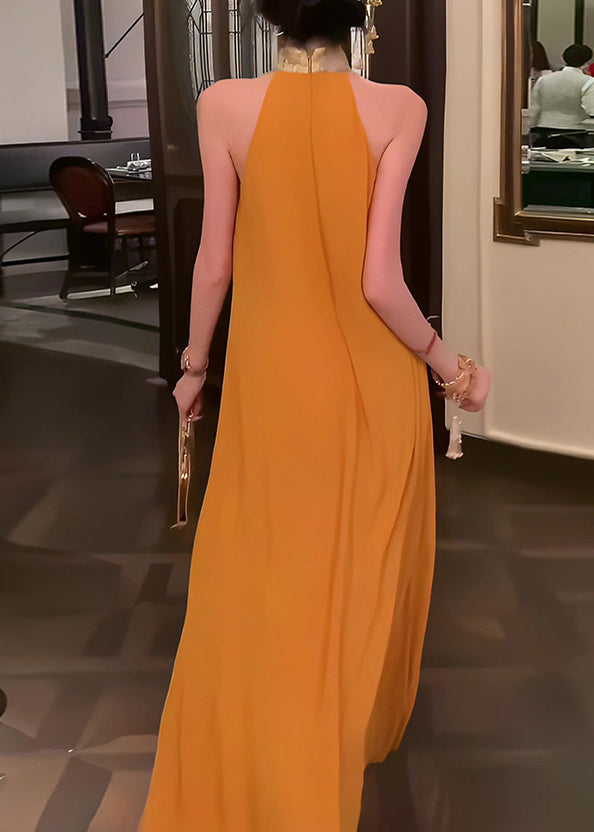 Summer Collar Long Dress Stand Yellow Patchwork Chinese Style