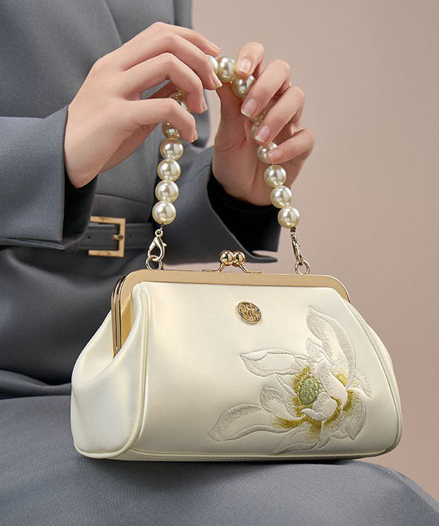 Cowhide Crossbody Embroidered Chinese Handbag White Pearl
