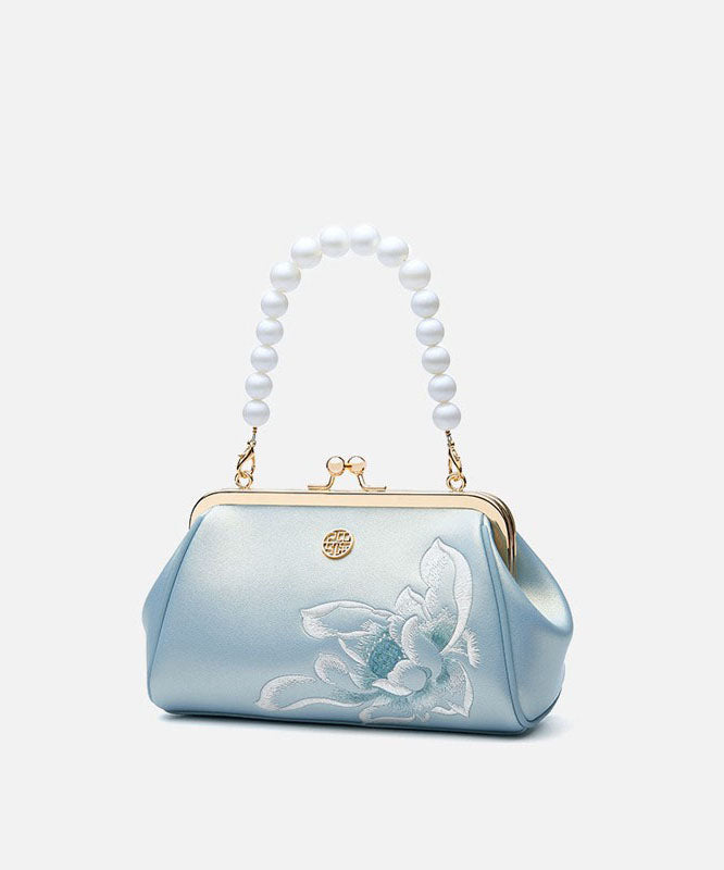 Cowhide Crossbody Embroidered Chinese Handbag White Pearl