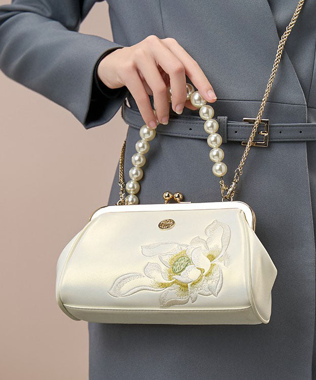 Cowhide Crossbody Embroidered Chinese Handbag White Pearl