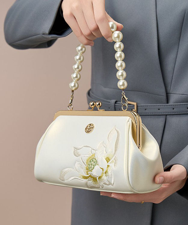 Cowhide Crossbody Embroidered Chinese Handbag White Pearl