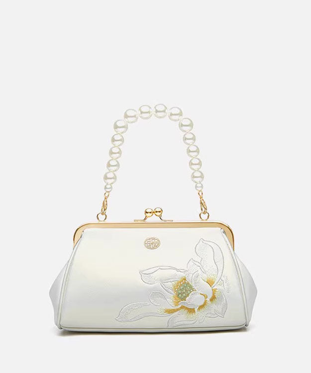 Cowhide Crossbody Embroidered Chinese Handbag White Pearl