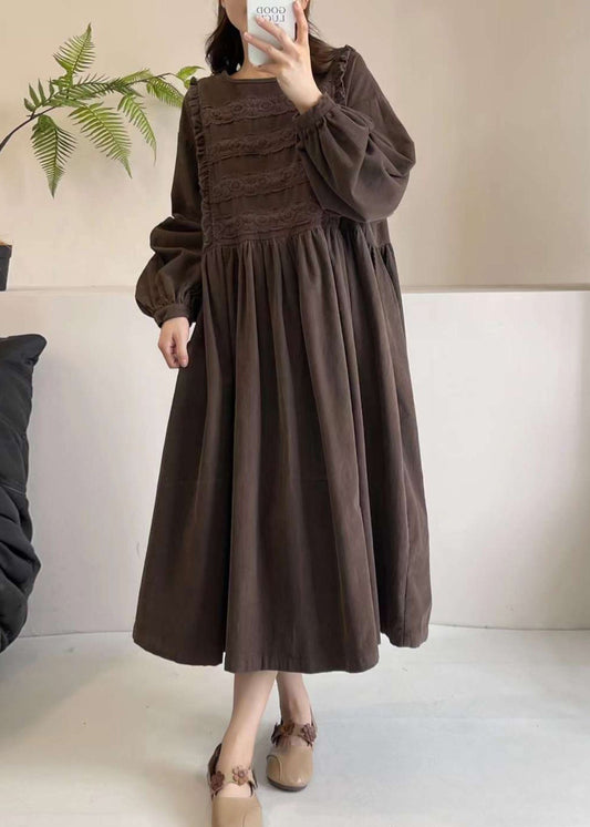 Exra Hem Chocolate Embroidered Large Spring Corduroy Dress