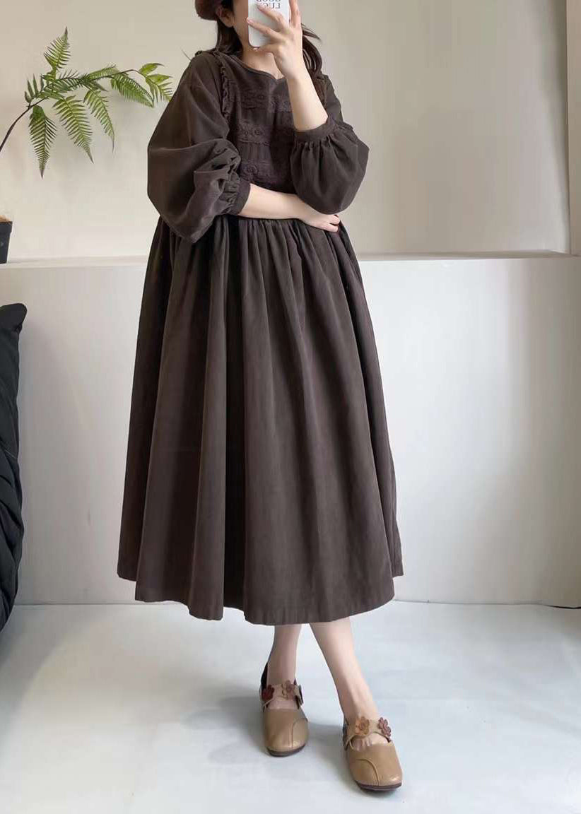 Exra Hem Chocolate Embroidered Large Spring Corduroy Dress