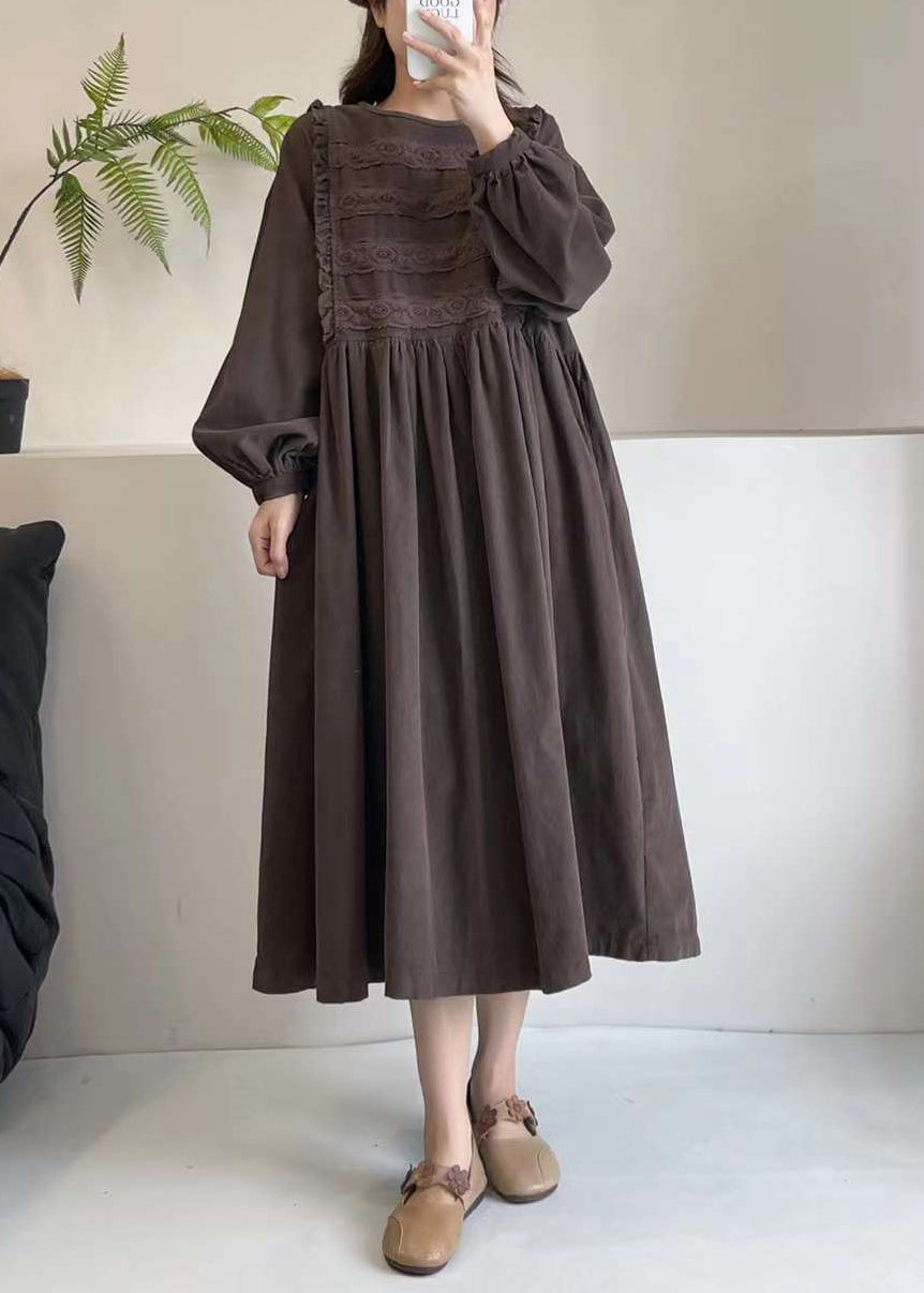 Exra Hem Chocolate Embroidered Large Spring Corduroy Dress
