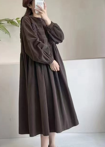 Exra Hem Chocolate Embroidered Large Spring Corduroy Dress