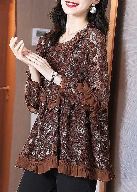 Chocolate Hollow Out Lace Blouse Tops Ruffled Spring Ada Fashion