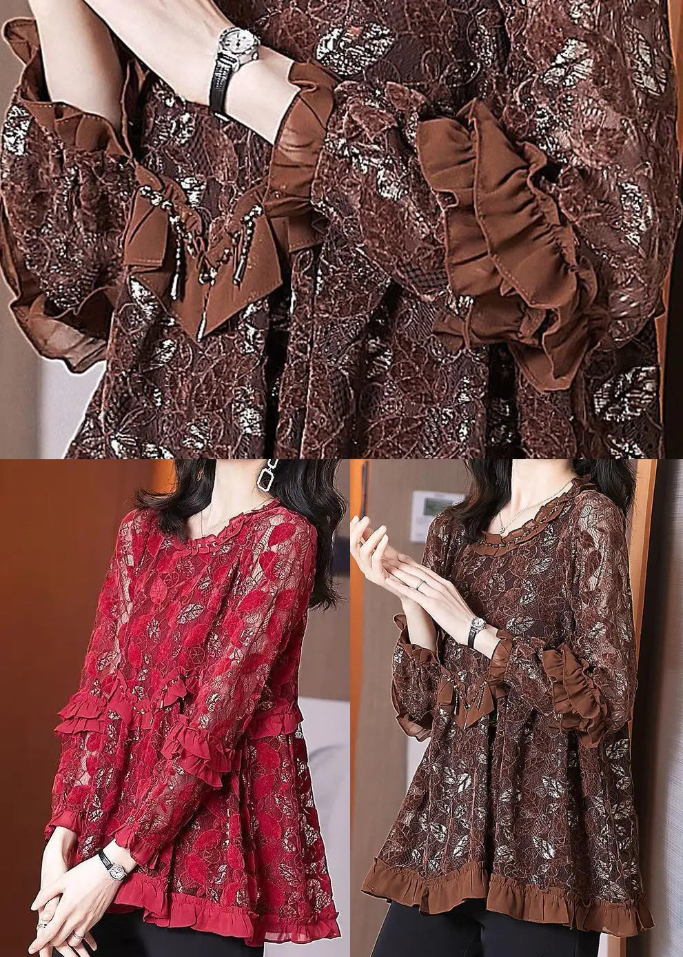 Chocolate Hollow Out Lace Blouse Tops Ruffled Spring Ada Fashion