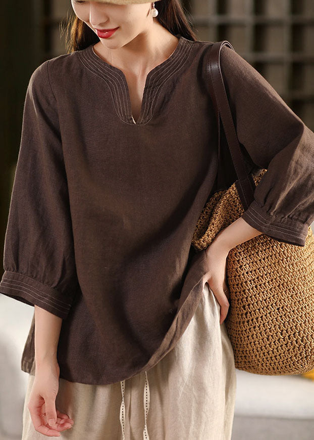 Loose Linen Tops Chocolate Fall Embroidered