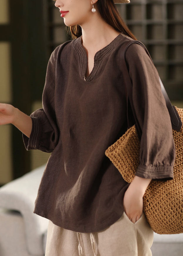 Loose Linen Tops Chocolate Fall Embroidered
