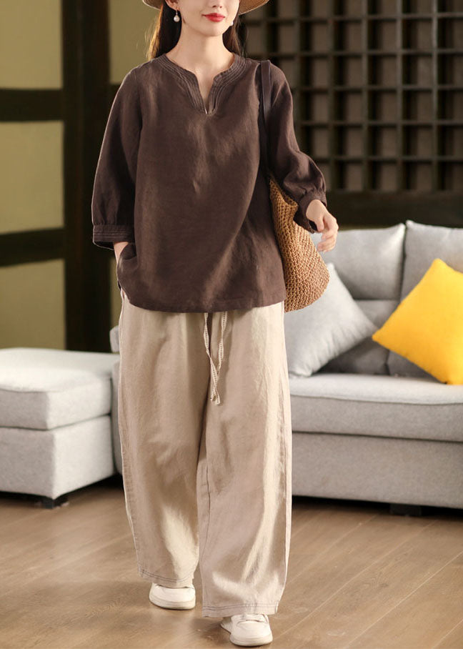 Loose Linen Tops Chocolate Fall Embroidered