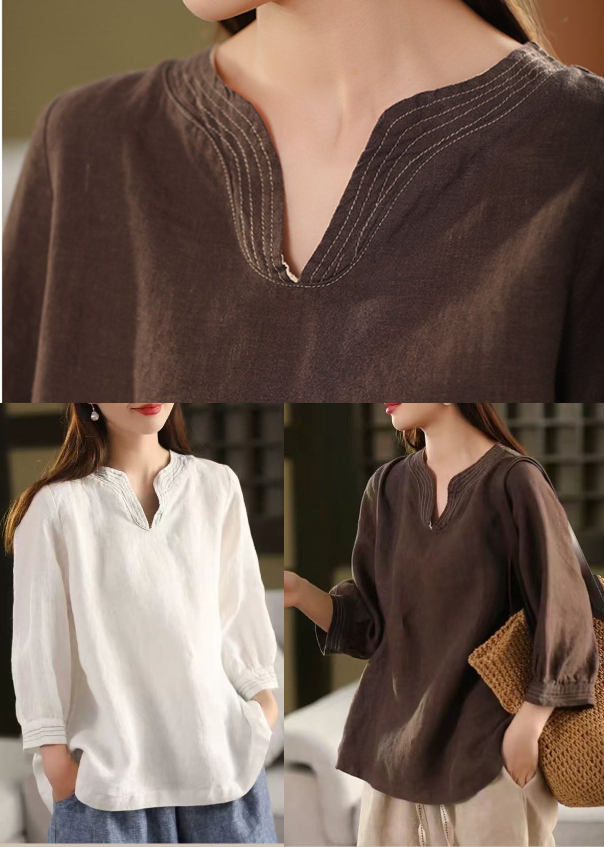 Loose Linen Tops Chocolate Fall Embroidered